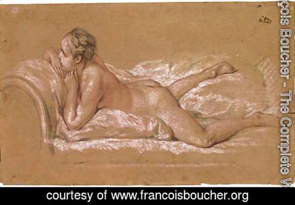François Boucher - A female nude reclining on a chaise-longue