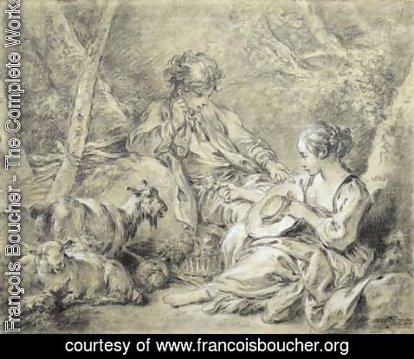 François Boucher - A young shepherdess presenting a flower to a shepherd