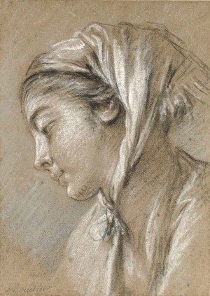 François Boucher - Head of a girl looking down to the left wearing a scarf