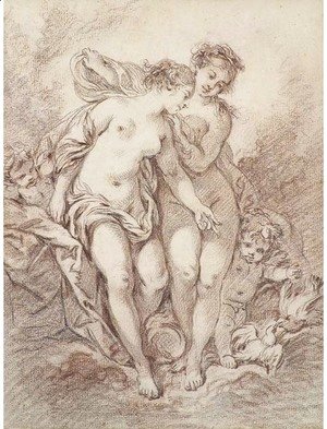 Two nymphs with putti and doves