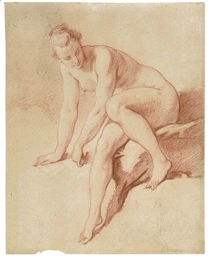François Boucher - A seated female nude leaning forward and looking down to the right
