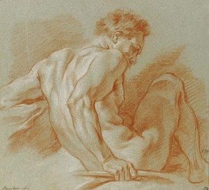 François Boucher - A seated nude holding a staff