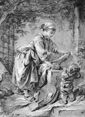 François Boucher - A washerwoman at a fountain with a child under a trellis