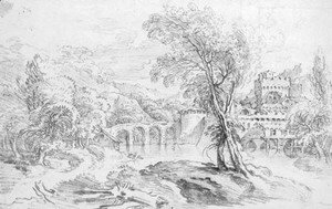 An extensive river landscape with a bridge and a fortified town beyond