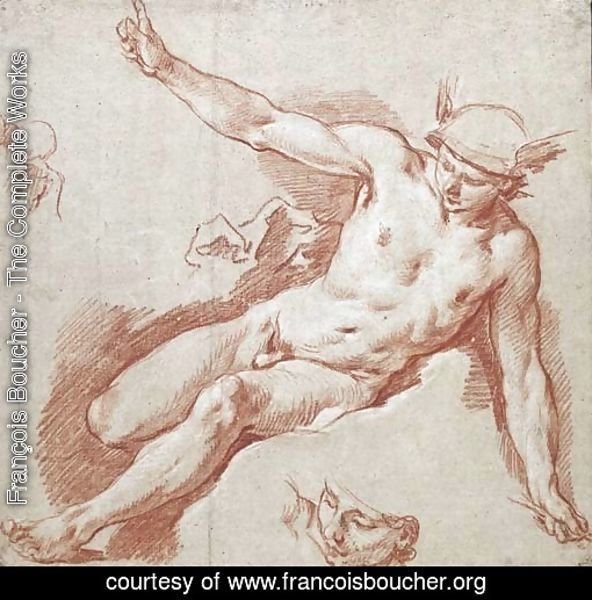 Mercury reclining on a cloud, pointing to the sky with his left arm, with subsidiary studies of his head and shoulder