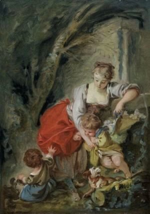 François Boucher - A Young Mother With Two Children And A Dog