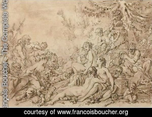François Boucher - Nymphs, Satyrs, And Putti With Silenus Near An Altar To Pan