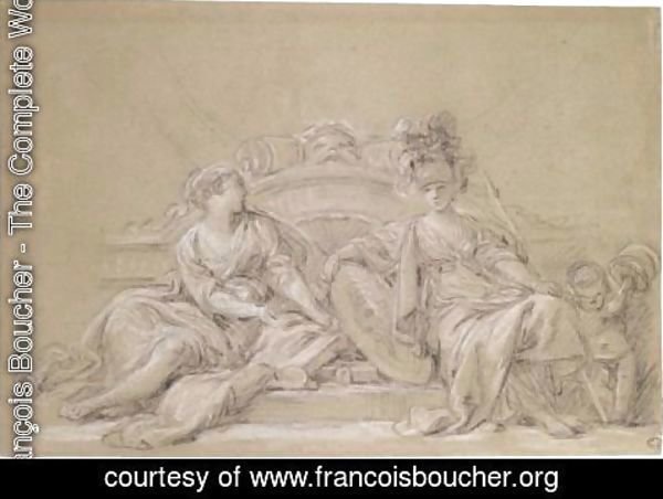 François Boucher - A Decorative Design With Minerva And History Attended By A Putto