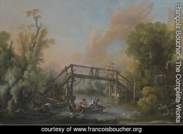 A River Landscape With A Woman Crossing A Bridge And Three Men In A Boat On The River Below