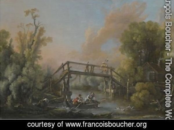 François Boucher - A River Landscape With A Woman Crossing A Bridge And Three Men In A Boat On The River Below