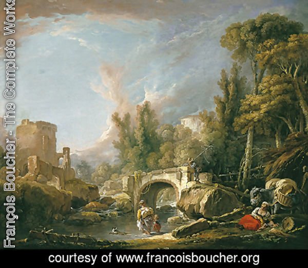 François Boucher - River Landscape with Ruin and Bridge