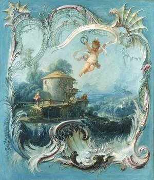 François Boucher - The Enchanted Home A Pastoral Landscape Surmounted by Cupid