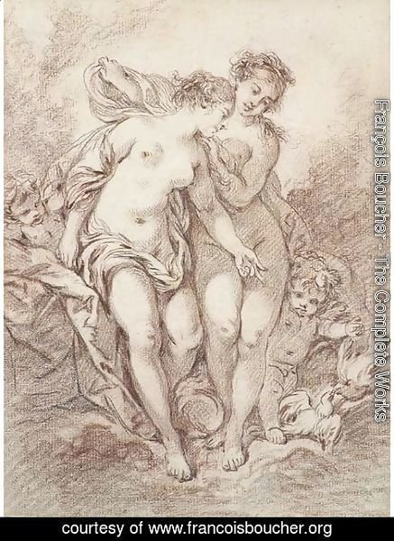 François Boucher - Two nymphs with putti and doves