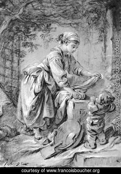 A washerwoman at a fountain with a child under a trellis