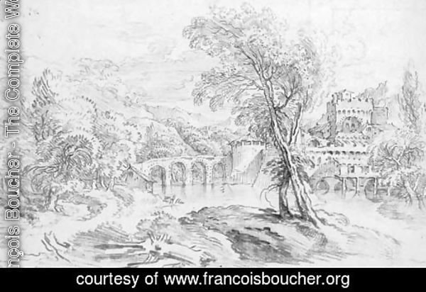 An extensive river landscape with a bridge and a fortified town beyond