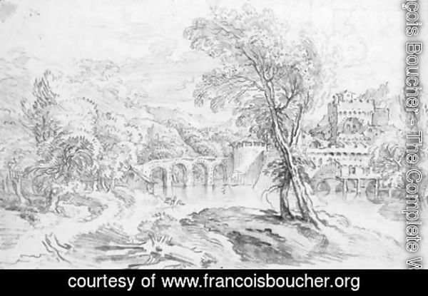 François Boucher - An extensive river landscape with a bridge and a fortified town beyond