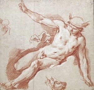 François Boucher - Mercury reclining on a cloud, pointing to the sky with his left arm, with subsidiary studies of his head and shoulder