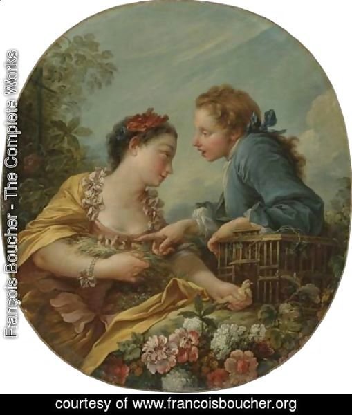 François Boucher - A Young Woman And Youth Placing Young Birds In A Cage The Bird Nesters