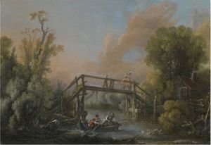A River Landscape With A Woman Crossing A Bridge And Three Men In A Boat On The River Below