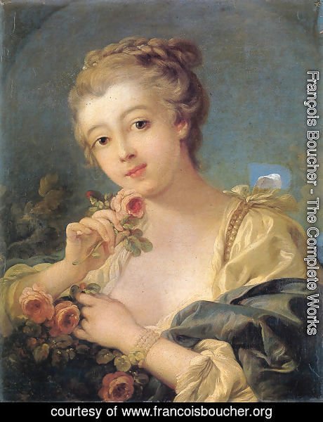 François Boucher - Young Woman With A Bouquet Of Roses